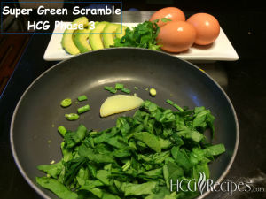 Super Green Scramble Recipe Ingredients HCG Phase 3 Ingredients in frying pan