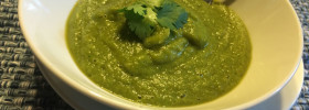 Chipotle Asparagus Soup for HCG Phase 2 in white bowl with Cilantro