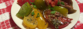 Heirloom Tomato Salad HCG Phase 2 Heirloom tomatoes, herbs on checkered tablecloth