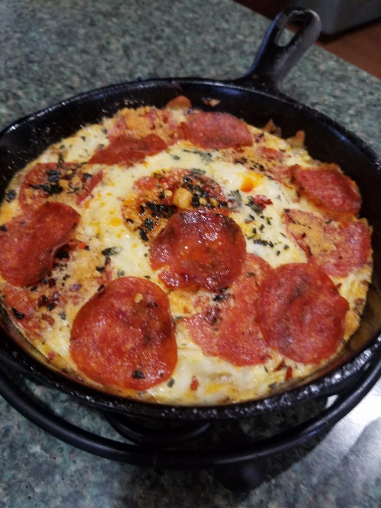 Pepperoni Pizza Frittata for HCG Phase 3 in cast iron skillet